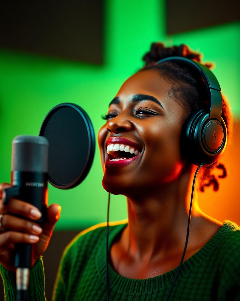 Cantora gospel gravando em estúdio profissional